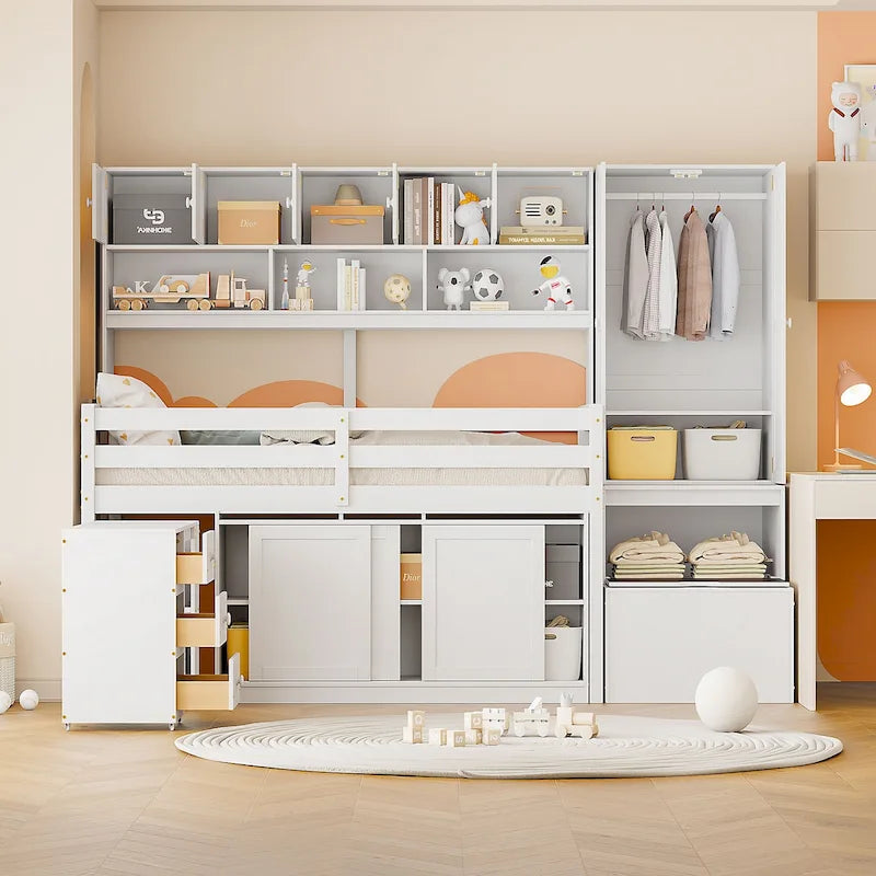 Cama alta de madera con gran capacidad de almacenamiento, escritorio debajo de la cama, cajones y estantes