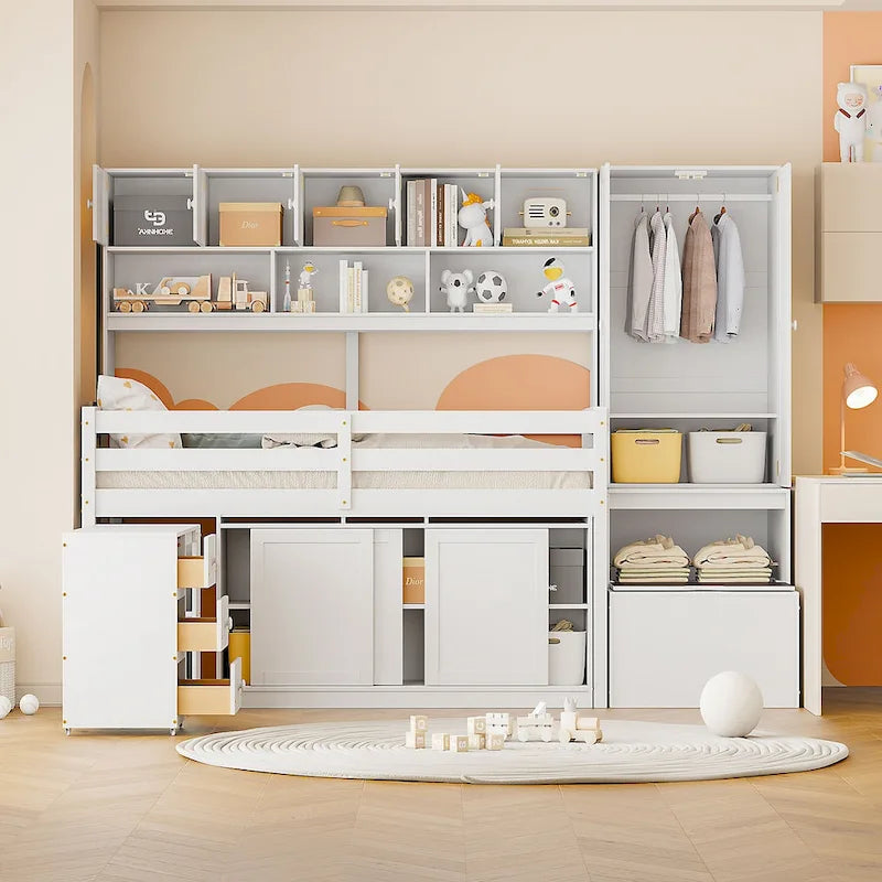 Cama alta de madera con gran capacidad de almacenamiento, escritorio debajo de la cama, cajones y estantes