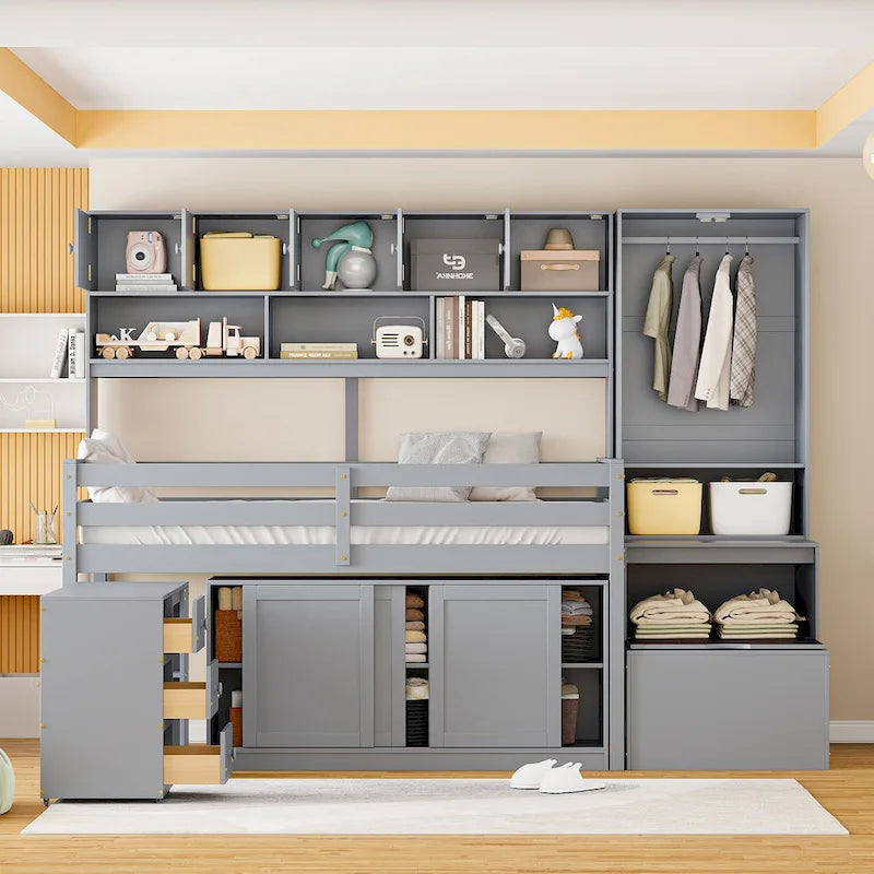 Cama alta de madera con gran capacidad de almacenamiento, escritorio debajo de la cama, cajones y estantes