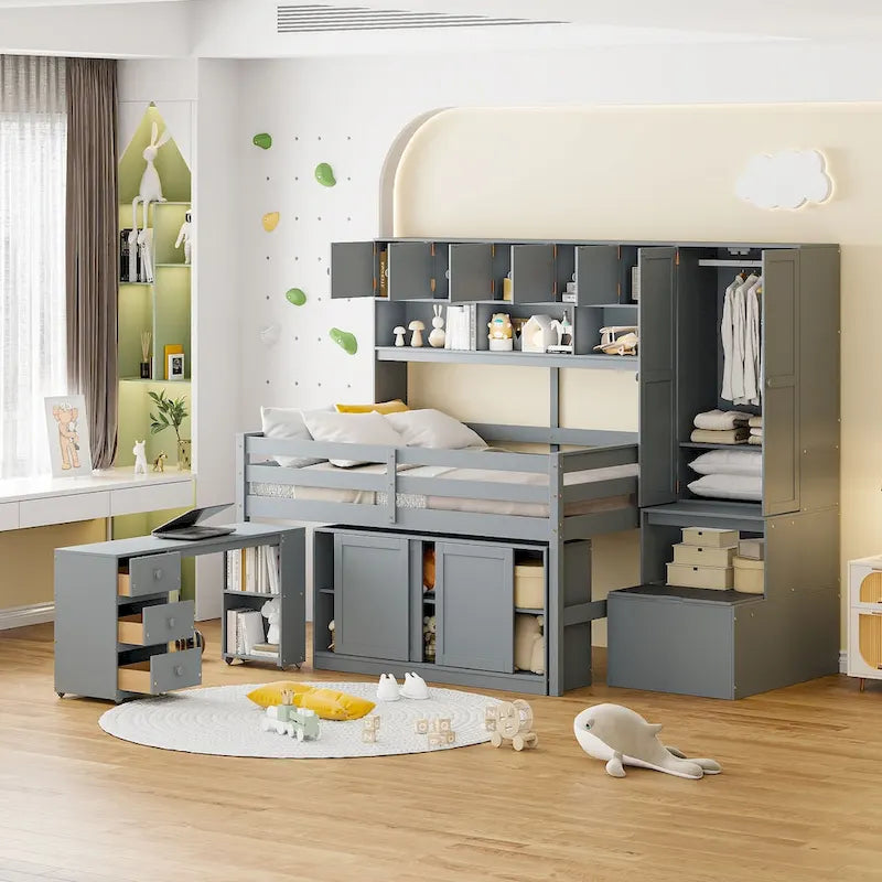 Houten hoogslaper met veel opbergruimte, bureau onder het bed, laden en planken