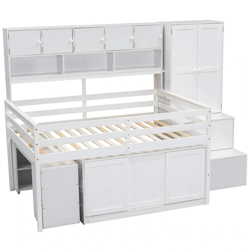 Houten hoogslaper met veel opbergruimte, bureau onder het bed, laden en planken
