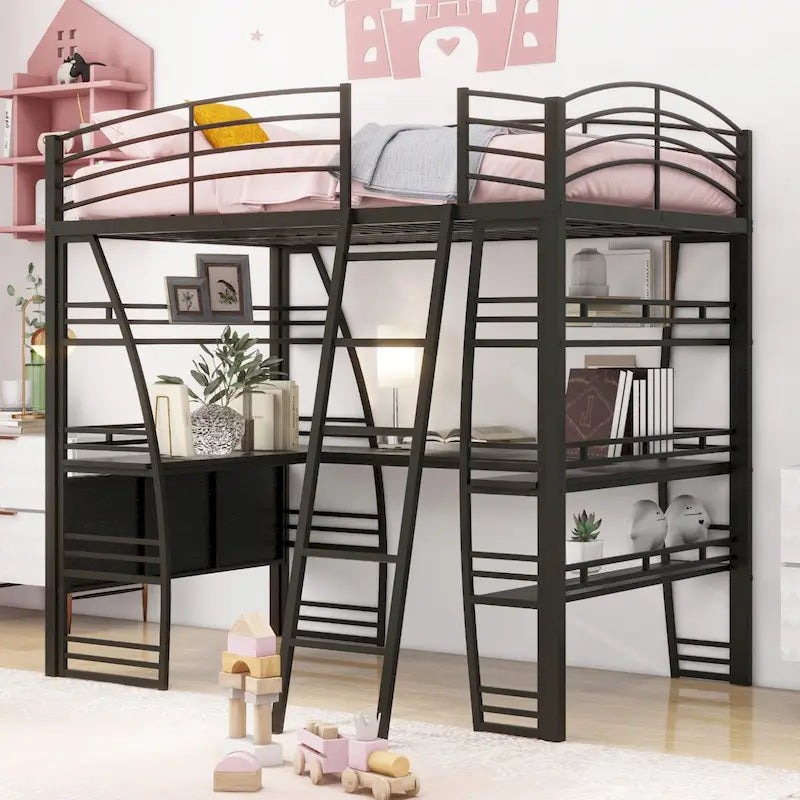 Cama alta metálica negra con 4 niveles de estantes, escritorio en forma de L, tomas de corriente, puertos USB y carga inalámbrica