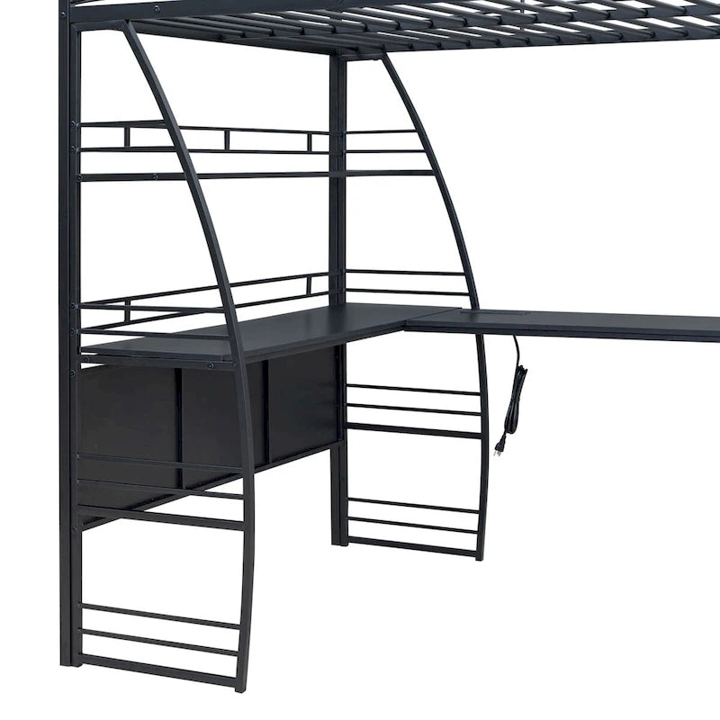 Cama alta metálica negra con 4 niveles de estantes, escritorio en forma de L, tomas de corriente, puertos USB y carga inalámbrica
