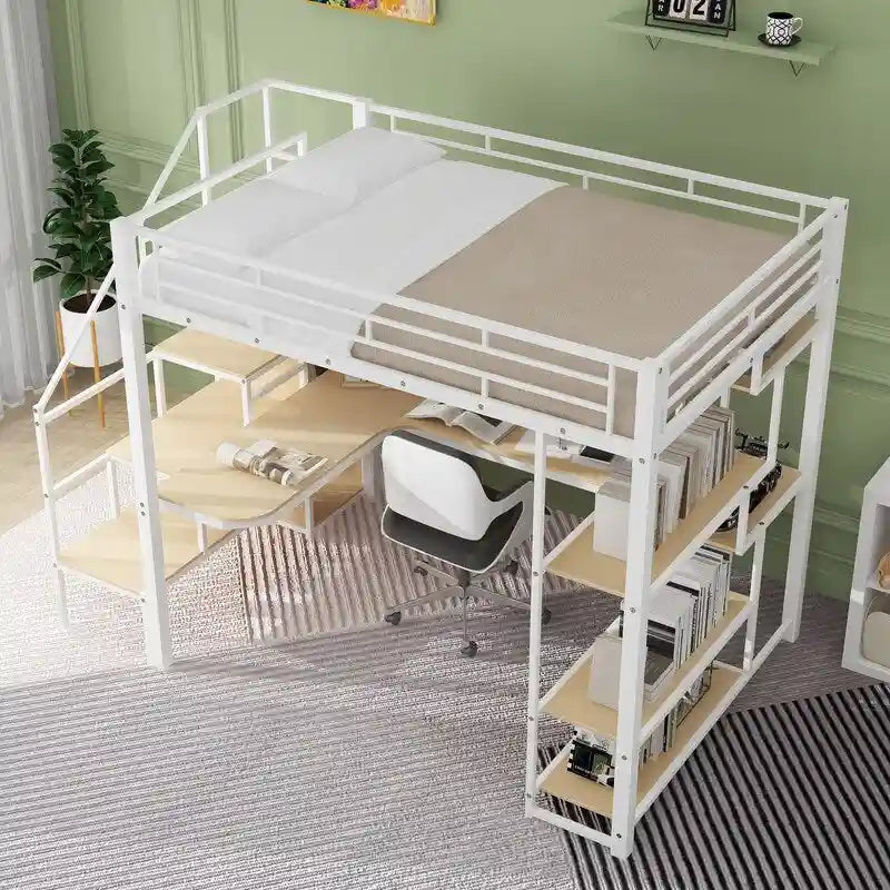Cama alta metálica tamaño Full con armario, escritorio integrado y estantes de almacenamiento