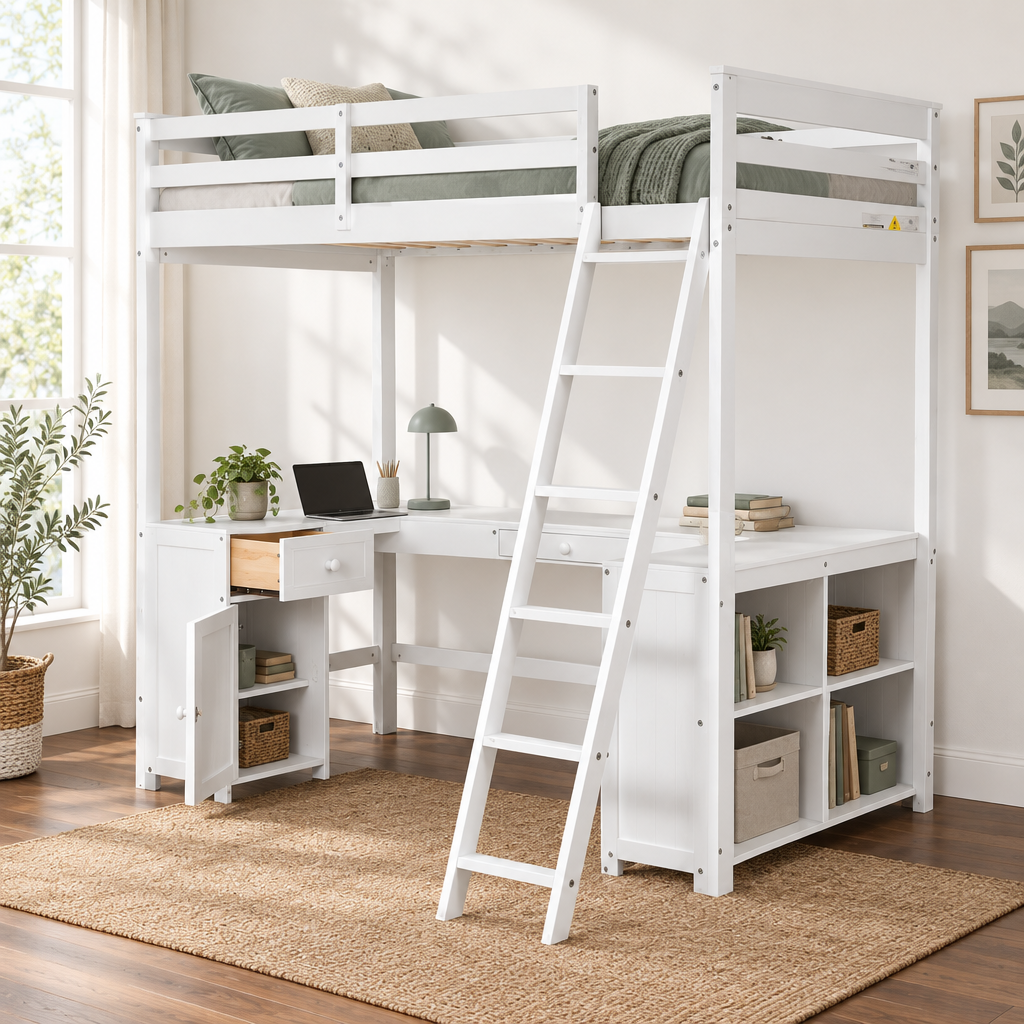 Cama alta de tamaño individual con escritorio en forma de U