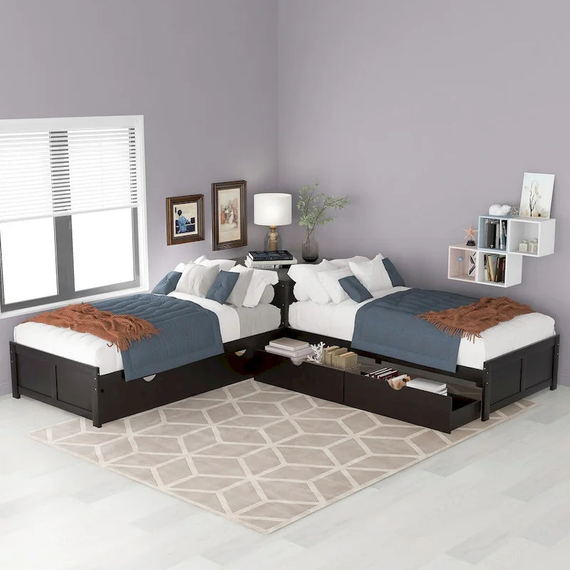 Gray&Espresso&White L-shaped Platform Bed with Trundle, Drawers, and Bedside Cabinets, Twin Size