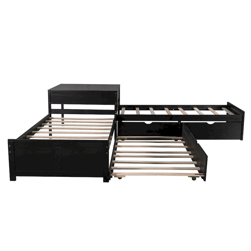 Cama de plataforma en forma de L color gris, espresso y blanco con cama nido, cajones y mesitas de noche, tamaño Twin