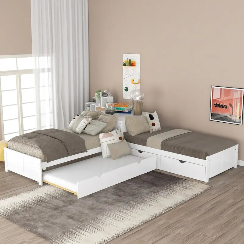 Cama de plataforma en forma de L color gris, espresso y blanco con cama nido, cajones y mesitas de noche, tamaño Twin