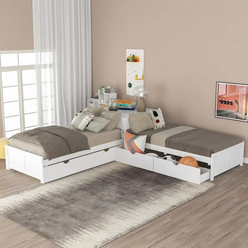 Cama de plataforma en forma de L color gris, espresso y blanco con cama nido, cajones y mesitas de noche, tamaño Twin