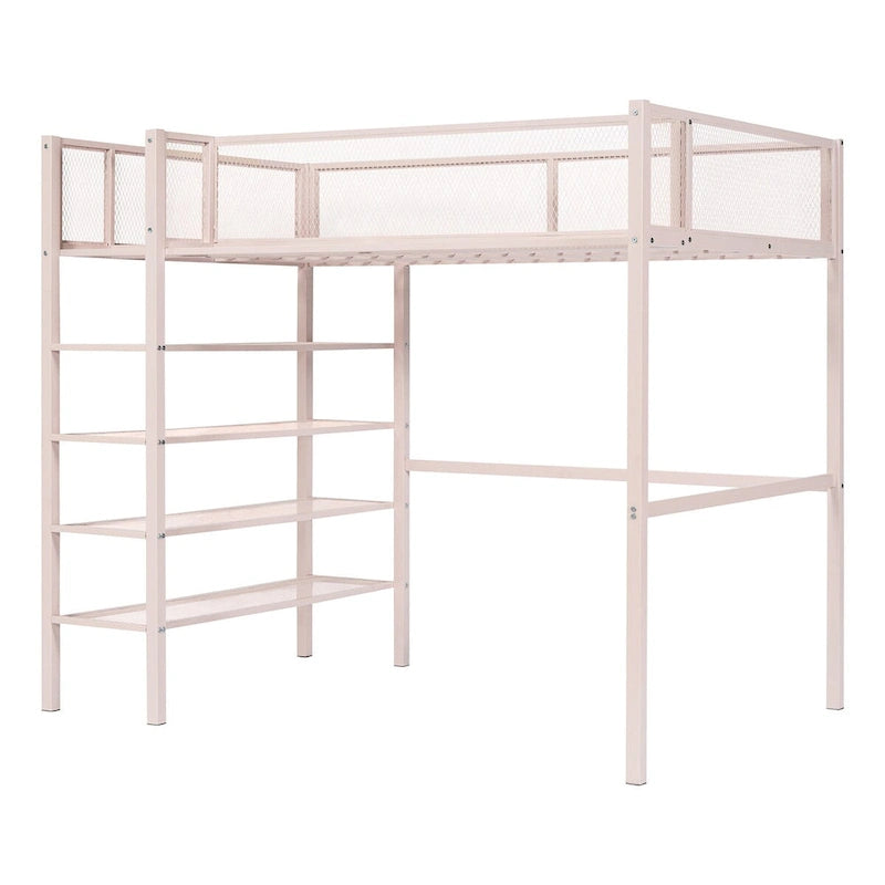 Cama alta metálica rosa con estantes de 4 niveles, estación de trabajo y barandilla de longitud completa