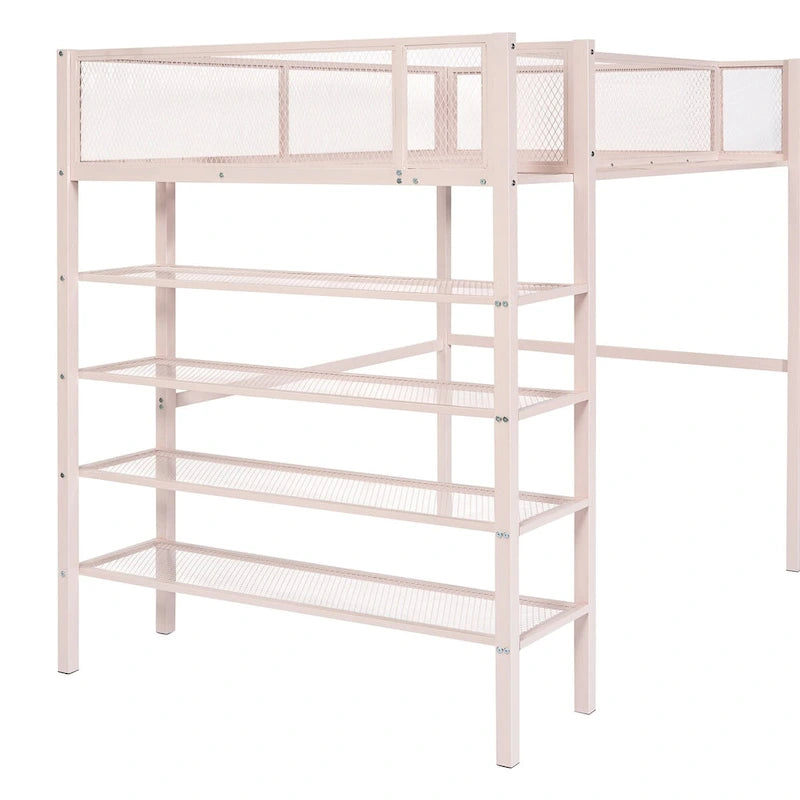 Cama alta metálica rosa con estantes de 4 niveles, estación de trabajo y barandilla de longitud completa