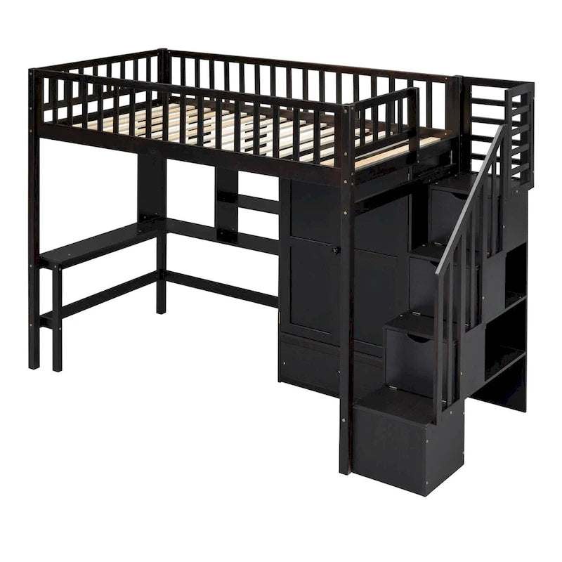 Hochbett in Einzelbettgröße mit Bücherregal, Schubladen, Schreibtisch und Kleiderschrank