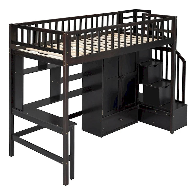 Cama alta tamaño twin con estantería, cajones, escritorio y armario