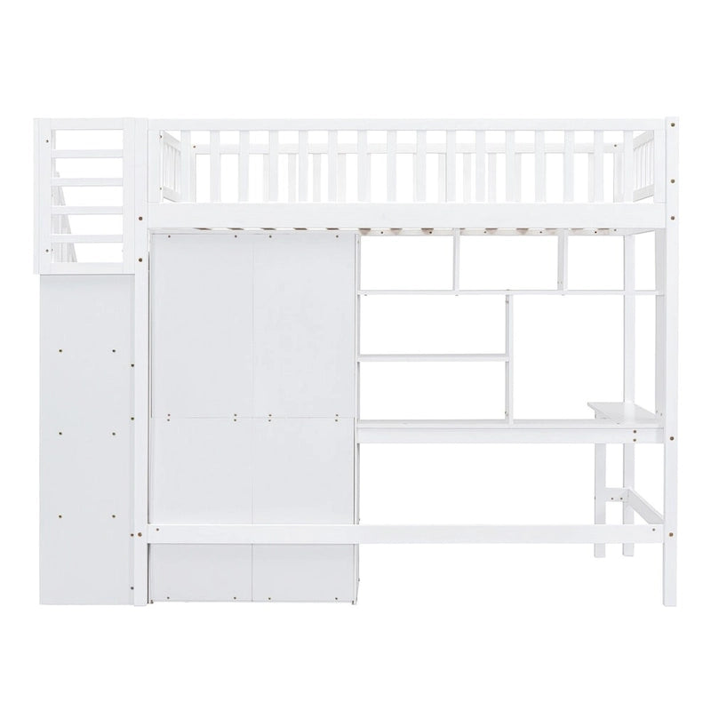 Hochbett in Einzelbettgröße mit Bücherregal, Schubladen, Schreibtisch und Kleiderschrank