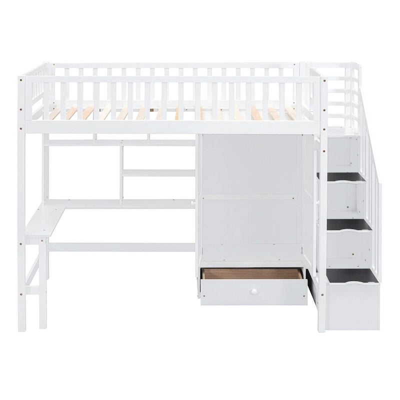 Hochbett in Einzelbettgröße mit Bücherregal, Schubladen, Schreibtisch und Kleiderschrank