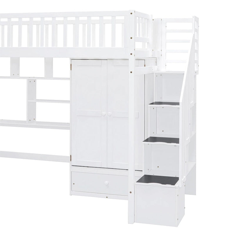 Hochbett in Einzelbettgröße mit Bücherregal, Schubladen, Schreibtisch und Kleiderschrank