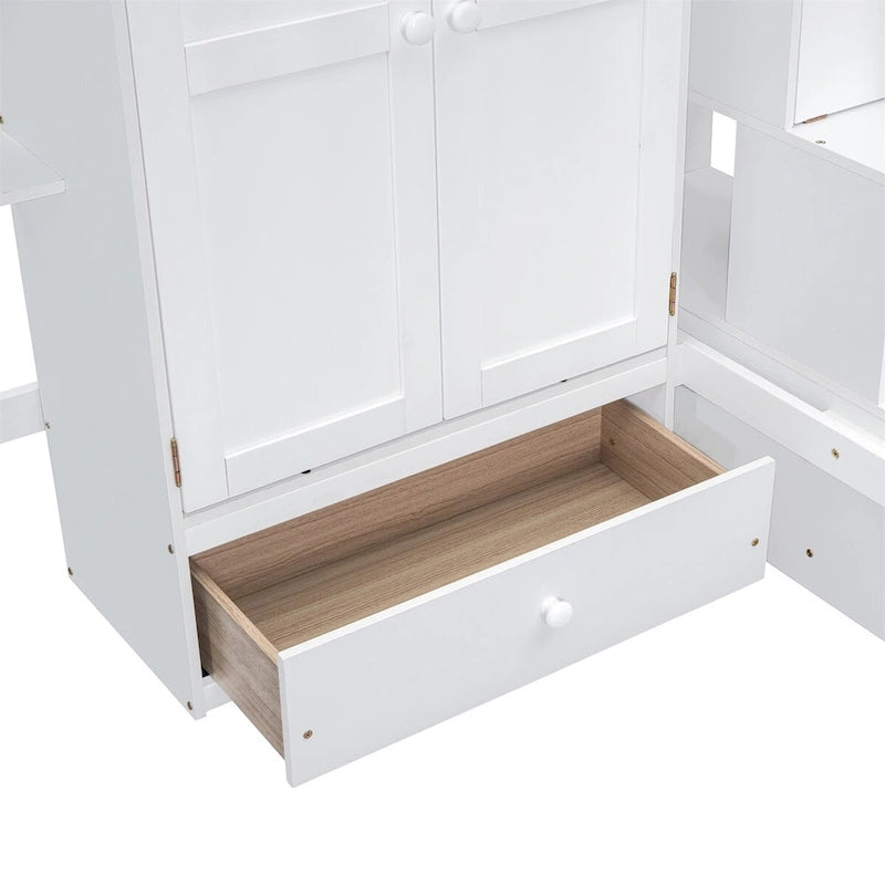 Hochbett in Einzelbettgröße mit Bücherregal, Schubladen, Schreibtisch und Kleiderschrank