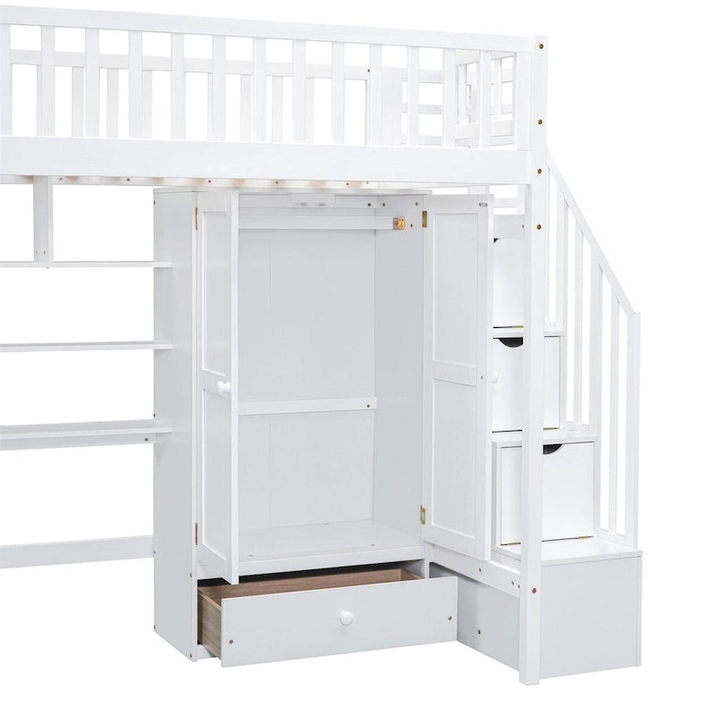 Hochbett in Einzelbettgröße mit Bücherregal, Schubladen, Schreibtisch und Kleiderschrank