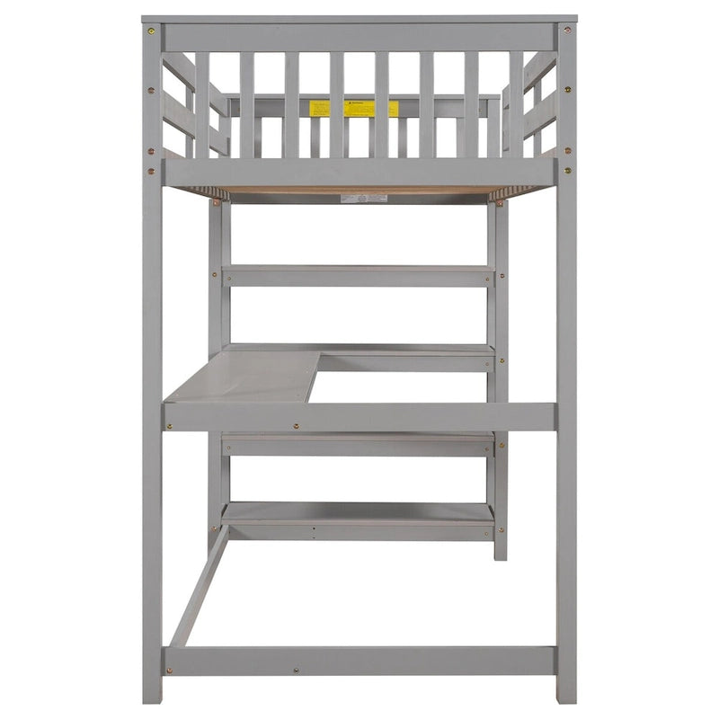Cama alta gris con estantes de almacenamiento y escritorio debajo de la cama