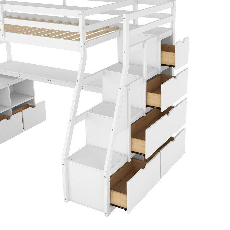 Cama alta tamaño twin con 7 cajones, 2 estantes y escritorio
