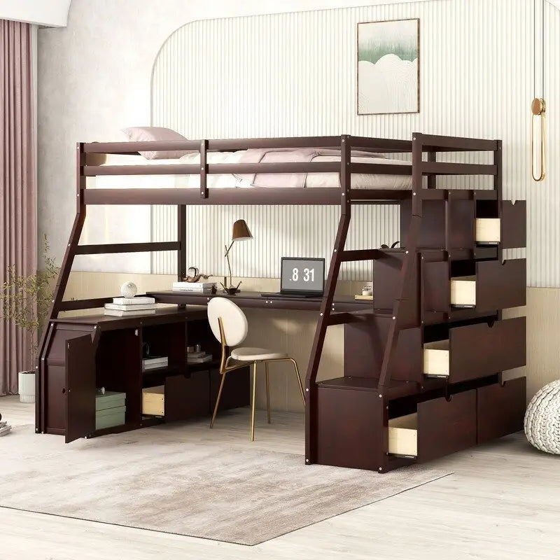 Cama alta tamaño twin con 7 cajones, 2 estantes y escritorio