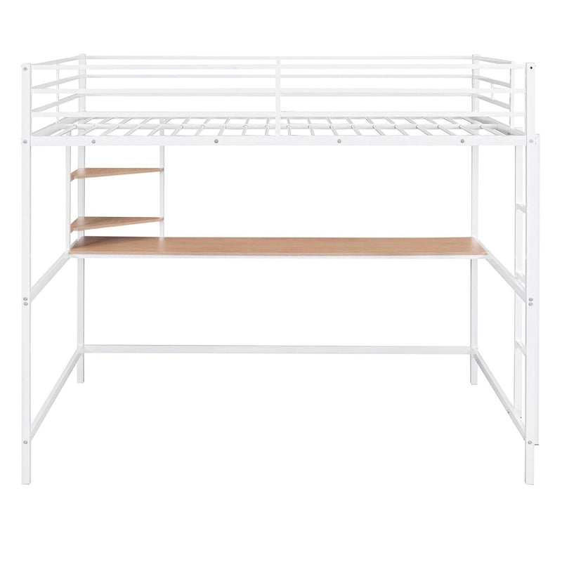 Metall-Hochbett mit Schreibtisch und Regalen, in Doppelbettgröße