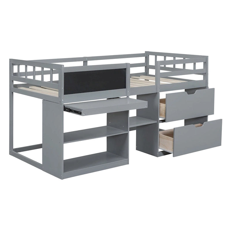 Cama alta baja gris tamaño Twin con escritorio extraíble con ruedas y cajones de almacenamiento