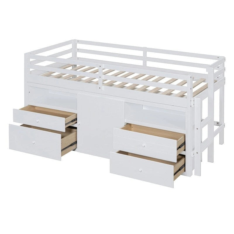 Hochbett in Einzelbettgröße mit 4 Schubladen, Schrank und Regalen unter dem Bett