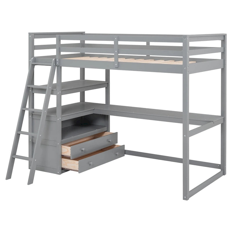 Hochbett in Twin-Größe mit Schreibtisch und Regalen sowie zwei integrierten Schubladen