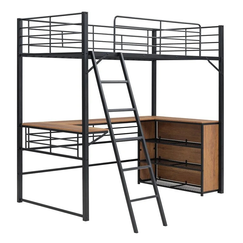 Metall-Hochbett in Twin-Größe mit L-förmigem Schreibtisch und Regalen mit 3 Ebenen