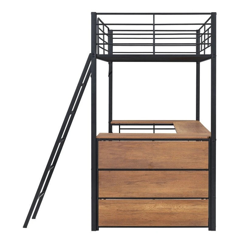Metall-Hochbett in Twin-Größe mit L-förmigem Schreibtisch und Regalen mit 3 Ebenen
