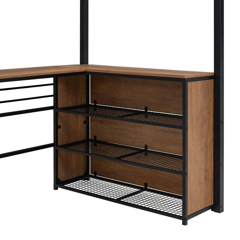 Metall-Hochbett in Twin-Größe mit L-förmigem Schreibtisch und Regalen mit 3 Ebenen