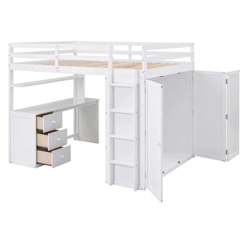 White Multi-functional Pine Loft Bed with Desk, Wardrobe, Drawers, Shelves