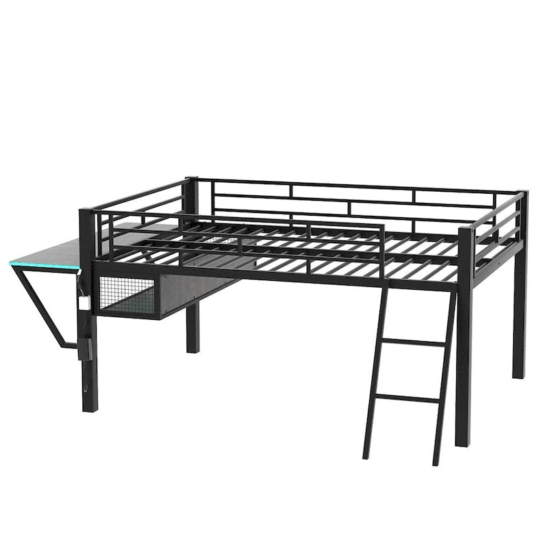 Cama alta intermedia tamaño Full con escritorio y LED