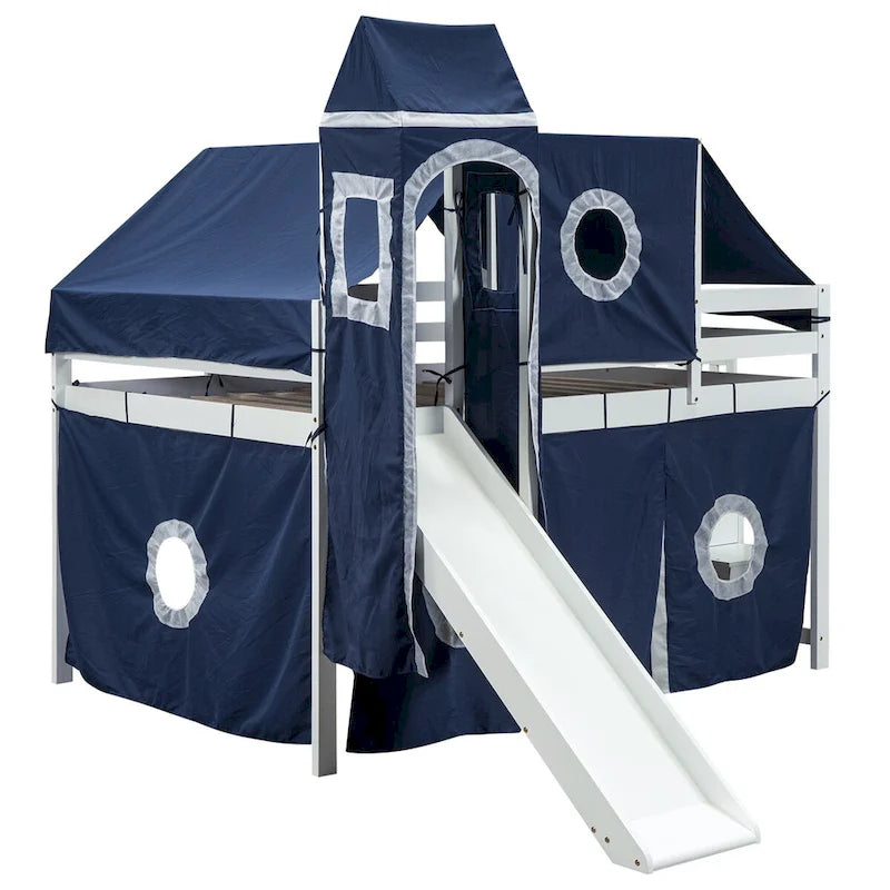 Letto a soppalco matrimoniale in legno di pino con scala contenitore, scivolo, tenda, torre e sponda di sicurezza