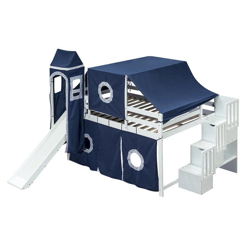Cama alta de madera de pino de tamaño Full con escalera de almacenamiento, tobogán, tienda, torre y barandilla