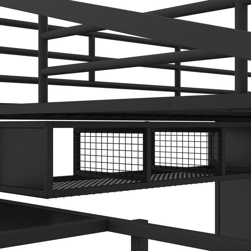 Cama alta metálica tamaño Full con conjunto de mesa y armario, negra