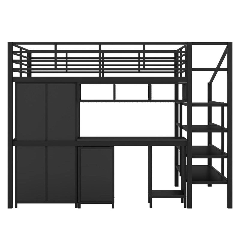 Cama alta metálica tamaño Full con conjunto de mesa y armario, negra