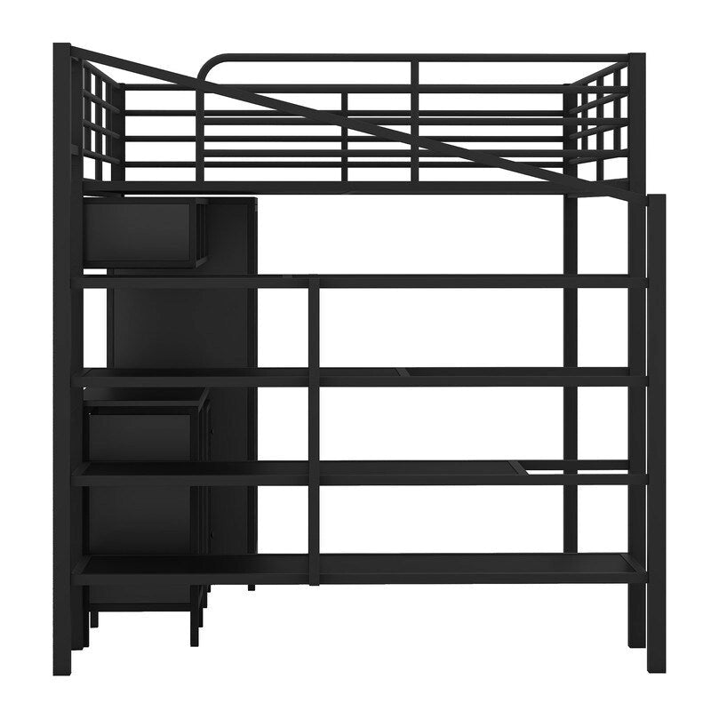 Cama alta metálica tamaño Full con conjunto de mesa y armario, negra
