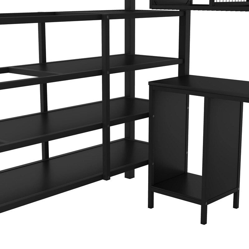 Cama alta metálica tamaño Full con conjunto de mesa y armario, negra