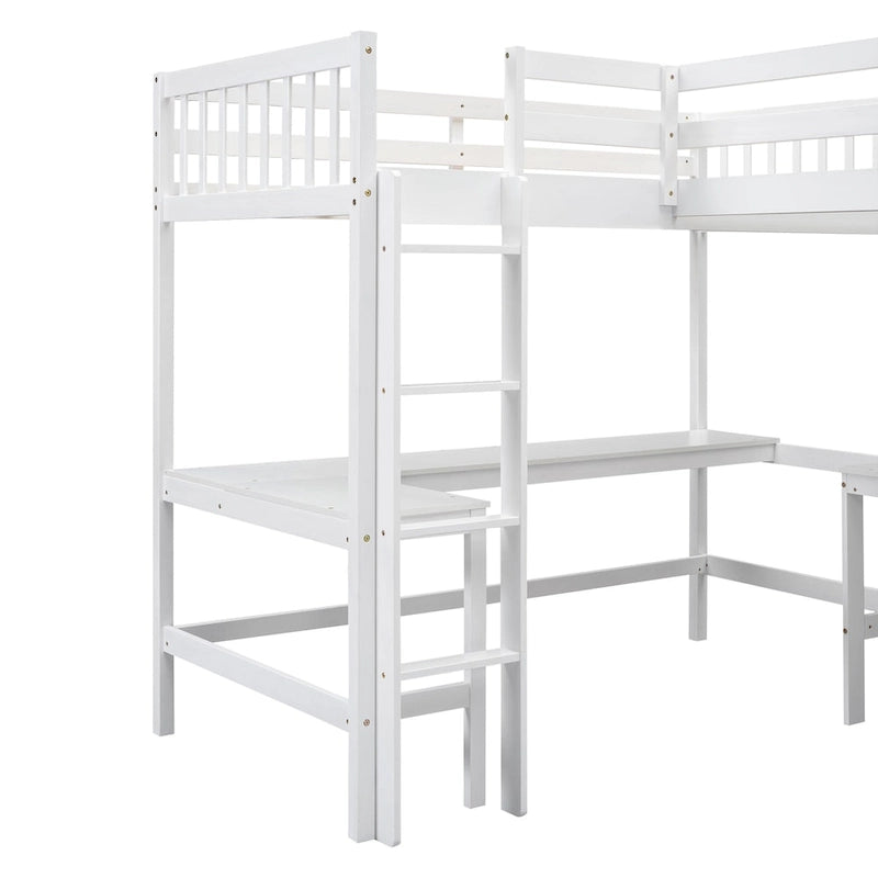 Wood Twin Size L-Shaped Loft Bed with Ladder and 2 Built-in L-Shaped Desks