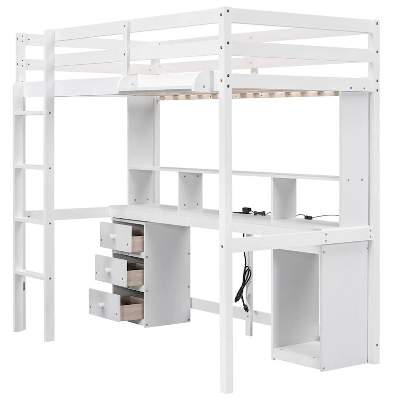 Hochbett in Einzelbettgröße/voller Größe mit Schreibtisch mit mehreren Aufbewahrungsmöglichkeiten, LED-Licht und Nachttablett, Ladestation, Weiß