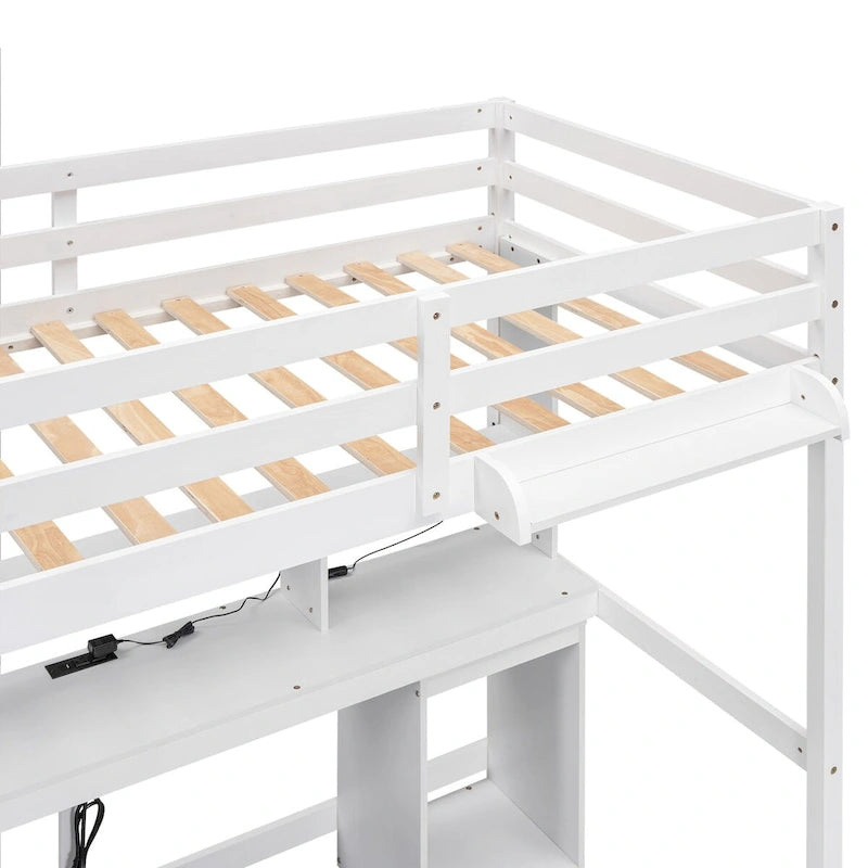 Cama alta tamaño Twin/Full con escritorio de almacenamiento múltiple, luz LED y bandeja lateral, estación de carga, blanca