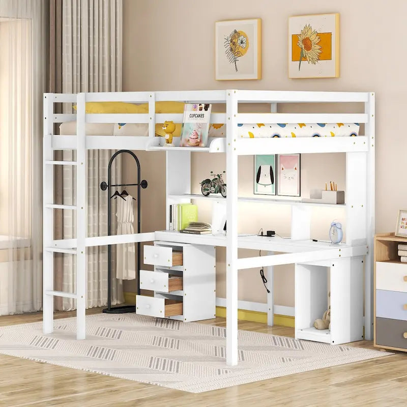 Hochbett in Einzelbettgröße/voller Größe mit Schreibtisch mit mehreren Aufbewahrungsmöglichkeiten, LED-Licht und Nachttablett, Ladestation, Weiß