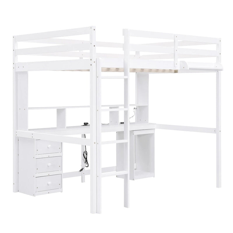 Hochbett in Einzelbettgröße/voller Größe mit Schreibtisch mit mehreren Aufbewahrungsmöglichkeiten, LED-Licht und Nachttablett, Ladestation, Weiß
