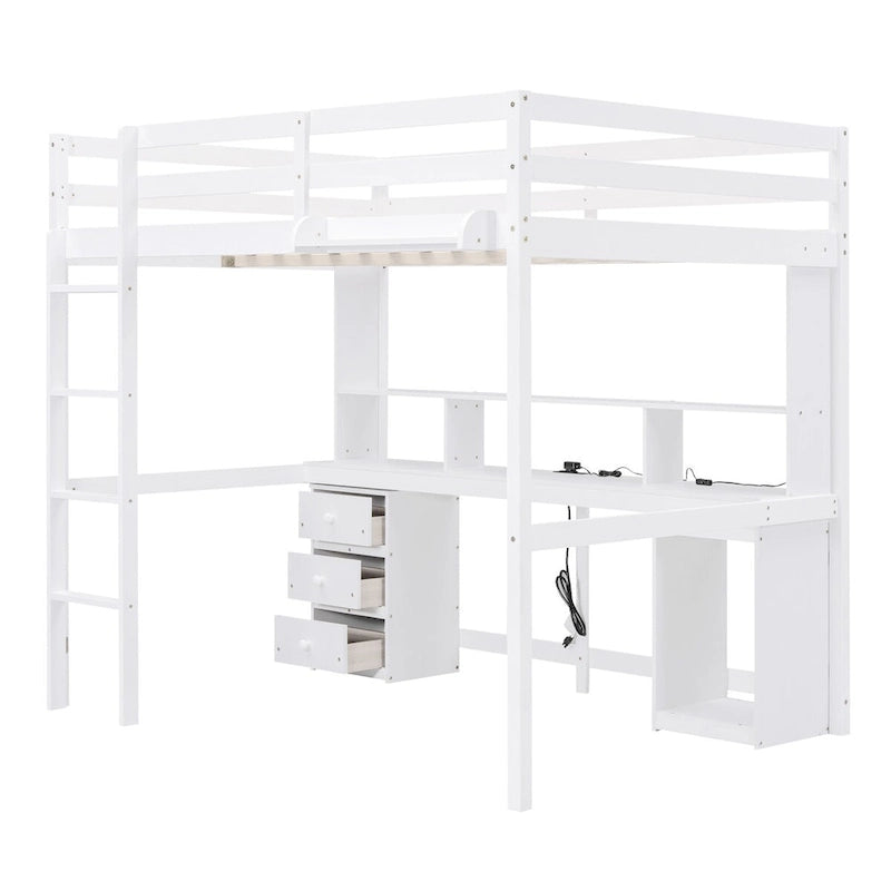 Hochbett in Einzelbettgröße/voller Größe mit Schreibtisch mit mehreren Aufbewahrungsmöglichkeiten, LED-Licht und Nachttablett, Ladestation, Weiß