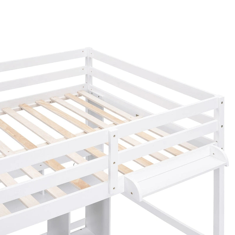 Hochbett in Einzelbettgröße/voller Größe mit Schreibtisch mit mehreren Aufbewahrungsmöglichkeiten, LED-Licht und Nachttablett, Ladestation, Weiß