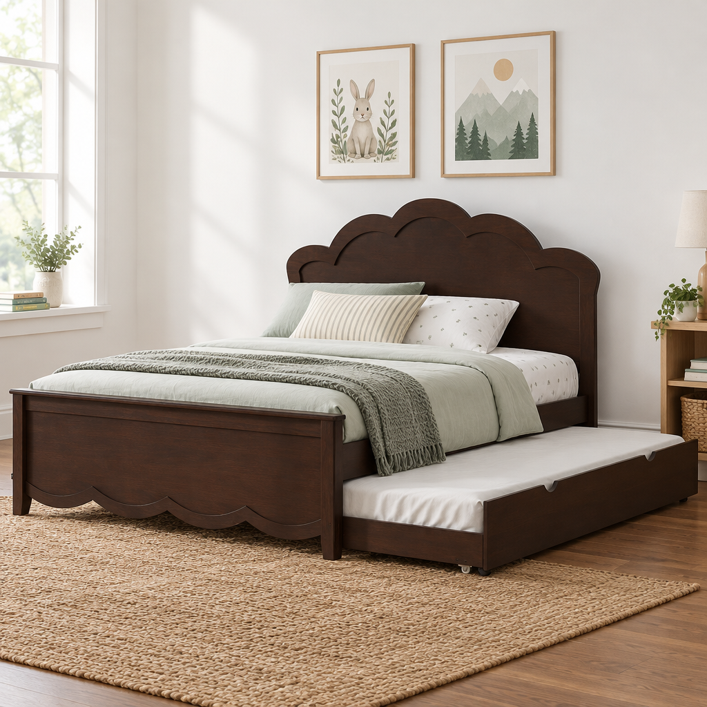 Cama de plataforma de madera de tamaño Full con cabecero y cama nido de tamaño Twin