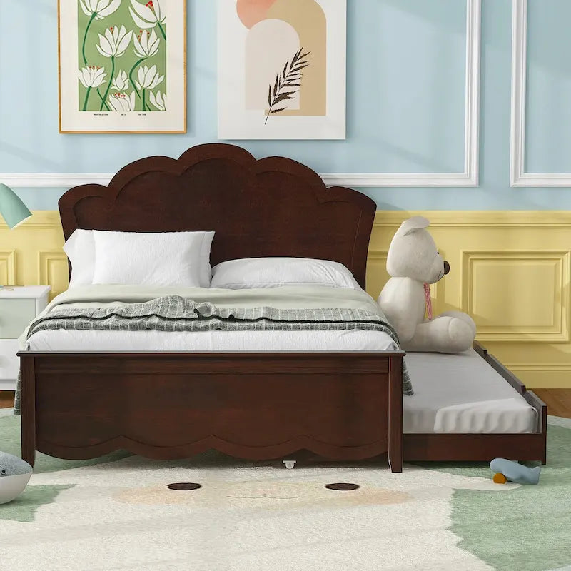 Cama de plataforma de madera de tamaño Full con cabecero y cama nido de tamaño Twin