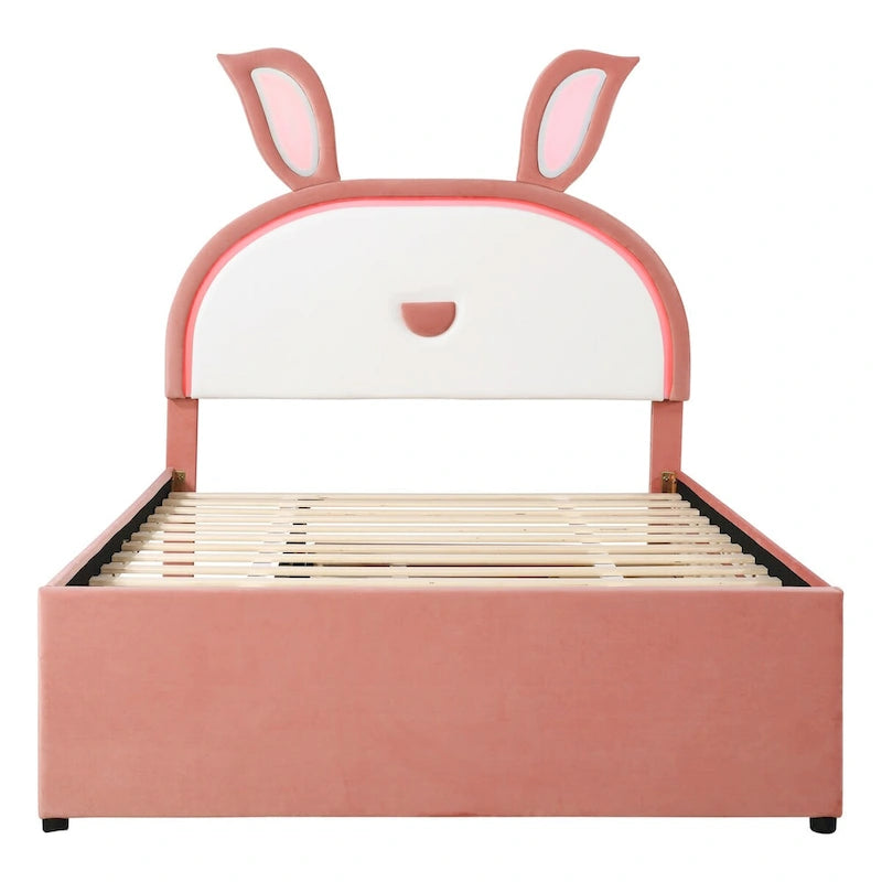 Cama de plataforma tapizada rosa tamaño Full con cama nido, 3 cajones y cabecero de conejo con LED